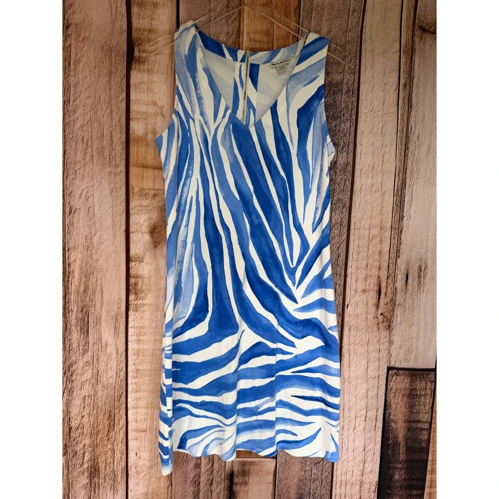 Tommy Bahama Zebra Print Dress Blue White Resort Vacation Coastal Summer Medium - Picture 1 of 9